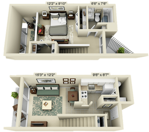 Floor plan for 1 bed, 1 bath, 715 sqft